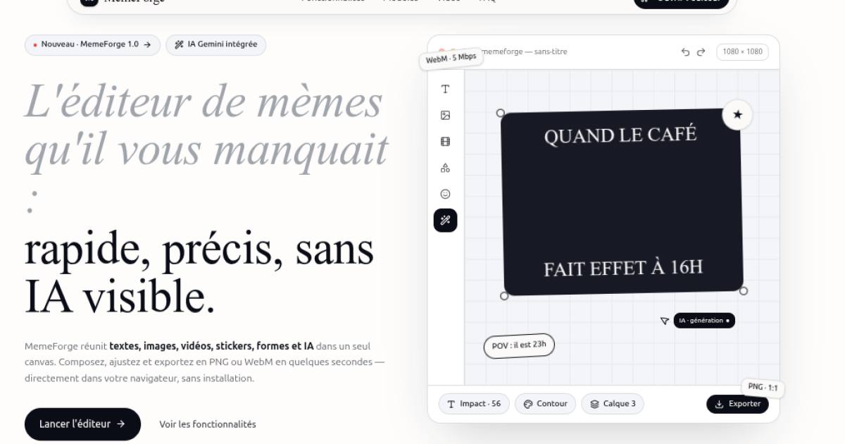 MemeForge — Landing + Application d’édition avec IA